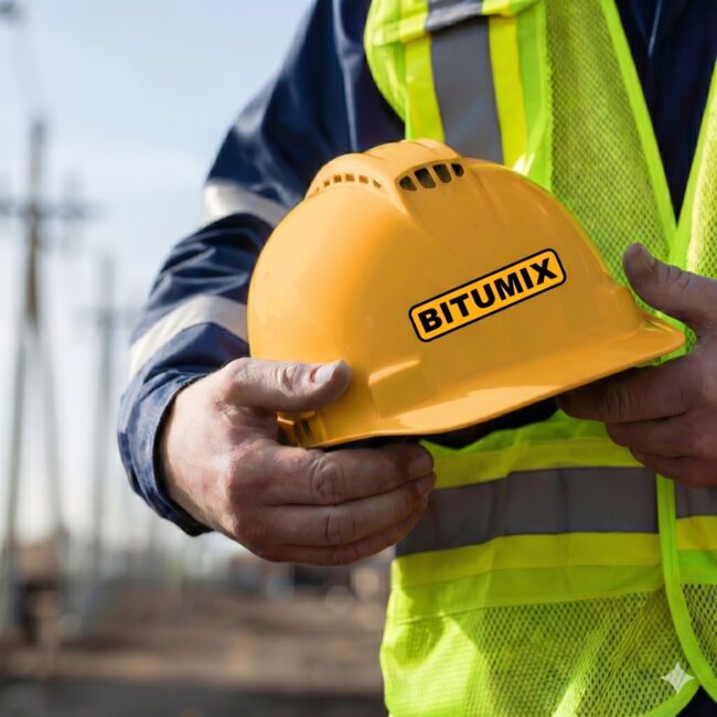 Casco de seguridad amarillo con el logotipo de Bitumix sostenido por personal con chaleco reflectante en un entorno de obra.