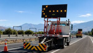 Camión de trabajo en carretera con flecha destellante y atenuador de impacto Bitumix visible en la parte trasera, acompañado de conos de seguridad y señalización vial.