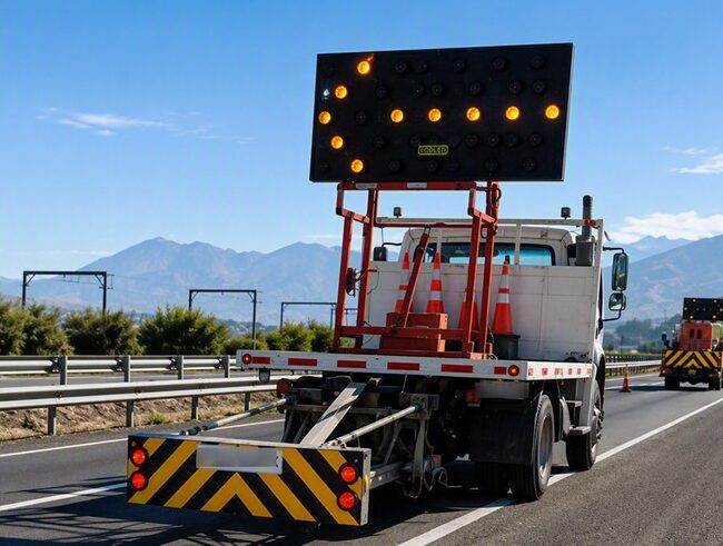 Camión de trabajo en carretera con flecha destellante y atenuador de impacto Bitumix visible en la parte trasera, acompañado de conos de seguridad y señalización vial.